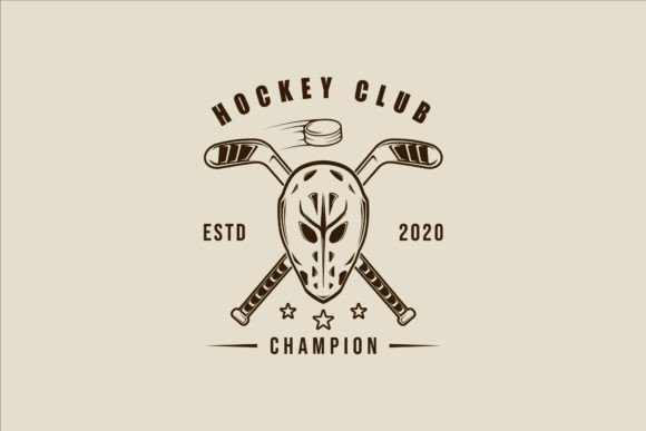 Mask and Stick Ice Hockey Logo Line Art